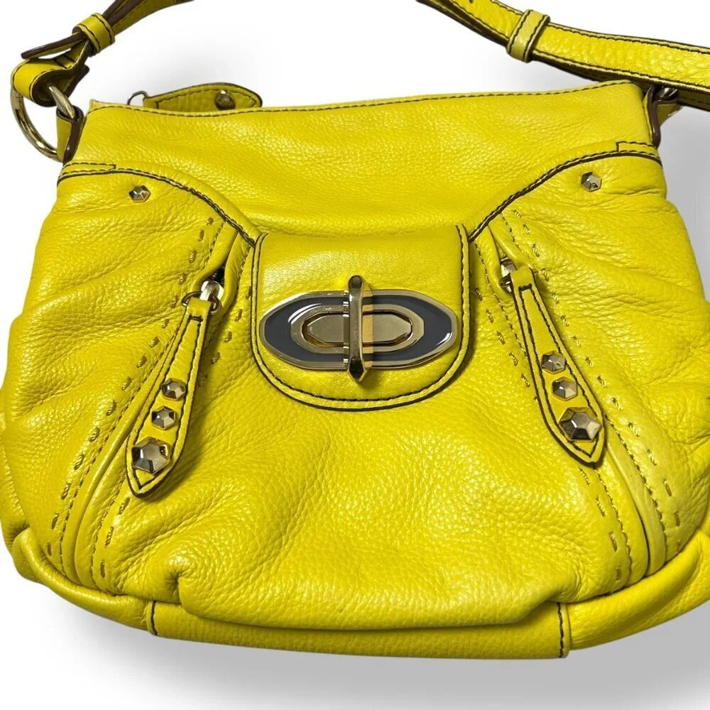 Oryany Bright Yellow Leather Shoulder Bag Purse Turq Lining Gold Hardware